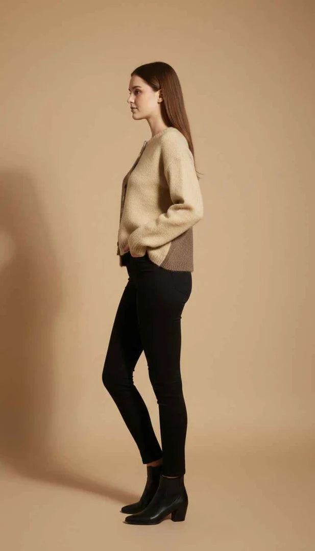 Women Button -Up Cardigan Sweater in Brown & Beige Contrasting
