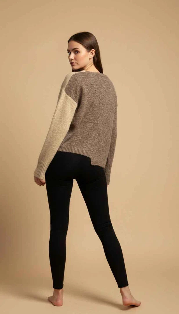 Women Button -Up Cardigan Sweater in Brown & Beige Contrasting