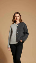 Women Button -Up Cardigan Sweater in Light Grey & Dark Grey Contrasting