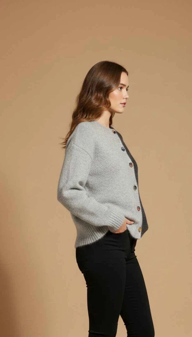 Women Button -Up Cardigan Sweater in Light Grey & Dark Grey Contrasting