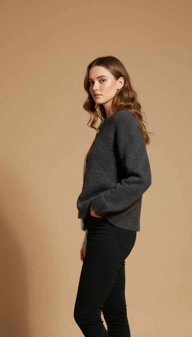 Women Button -Up Cardigan Sweater in Light Grey & Dark Grey Contrasting