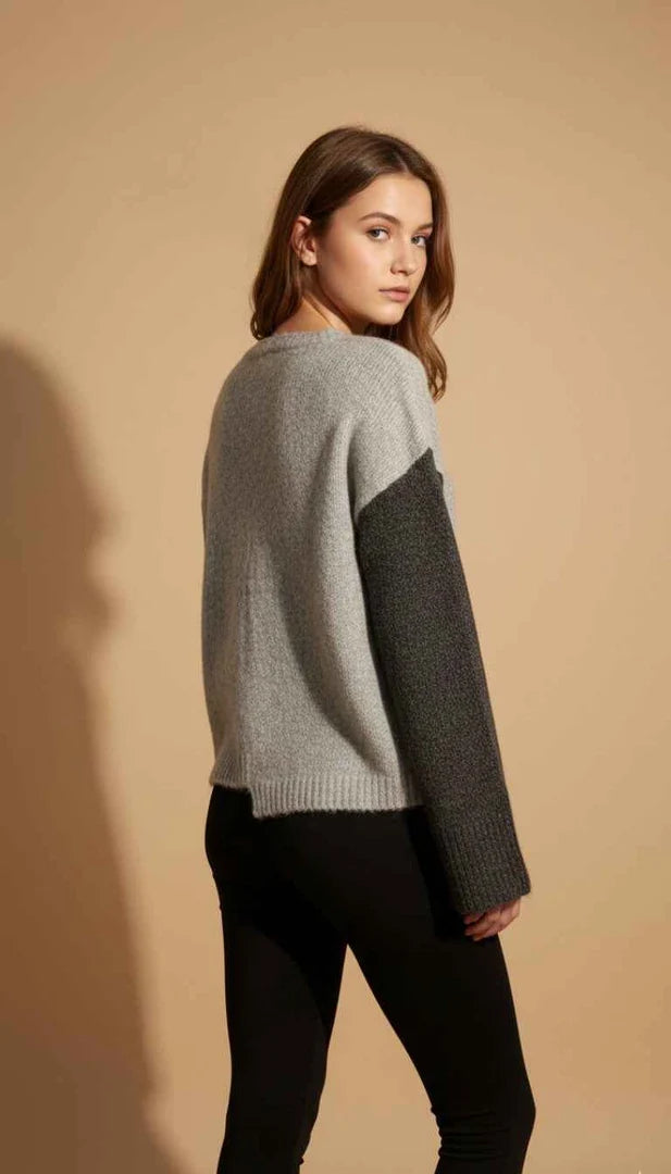 Women Button -Up Cardigan Sweater in Light Grey & Dark Grey Contrasting