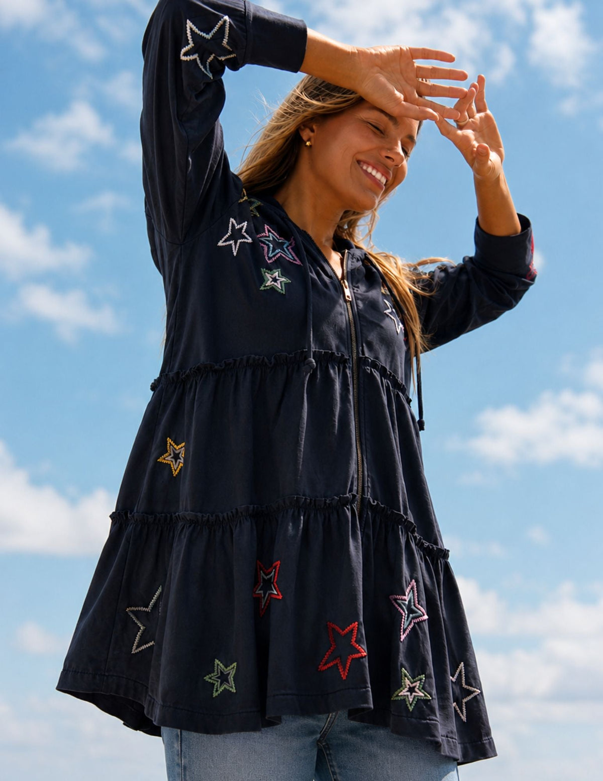 KORI JACKET | COTTON HOODED JACKET WITH EMBROIDERED STARS