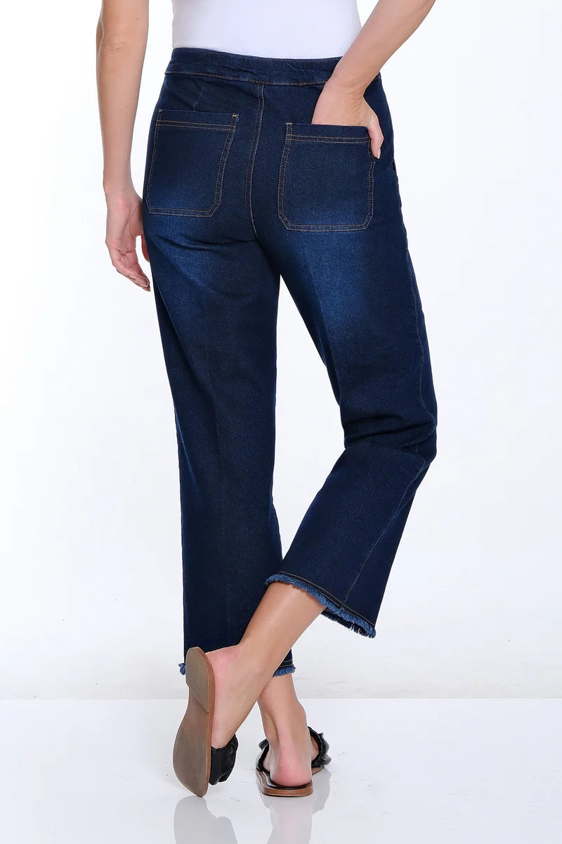 Slim Sation: Wide Leg Crop Denim Jean with Fringe Hem - Midnight Indigo