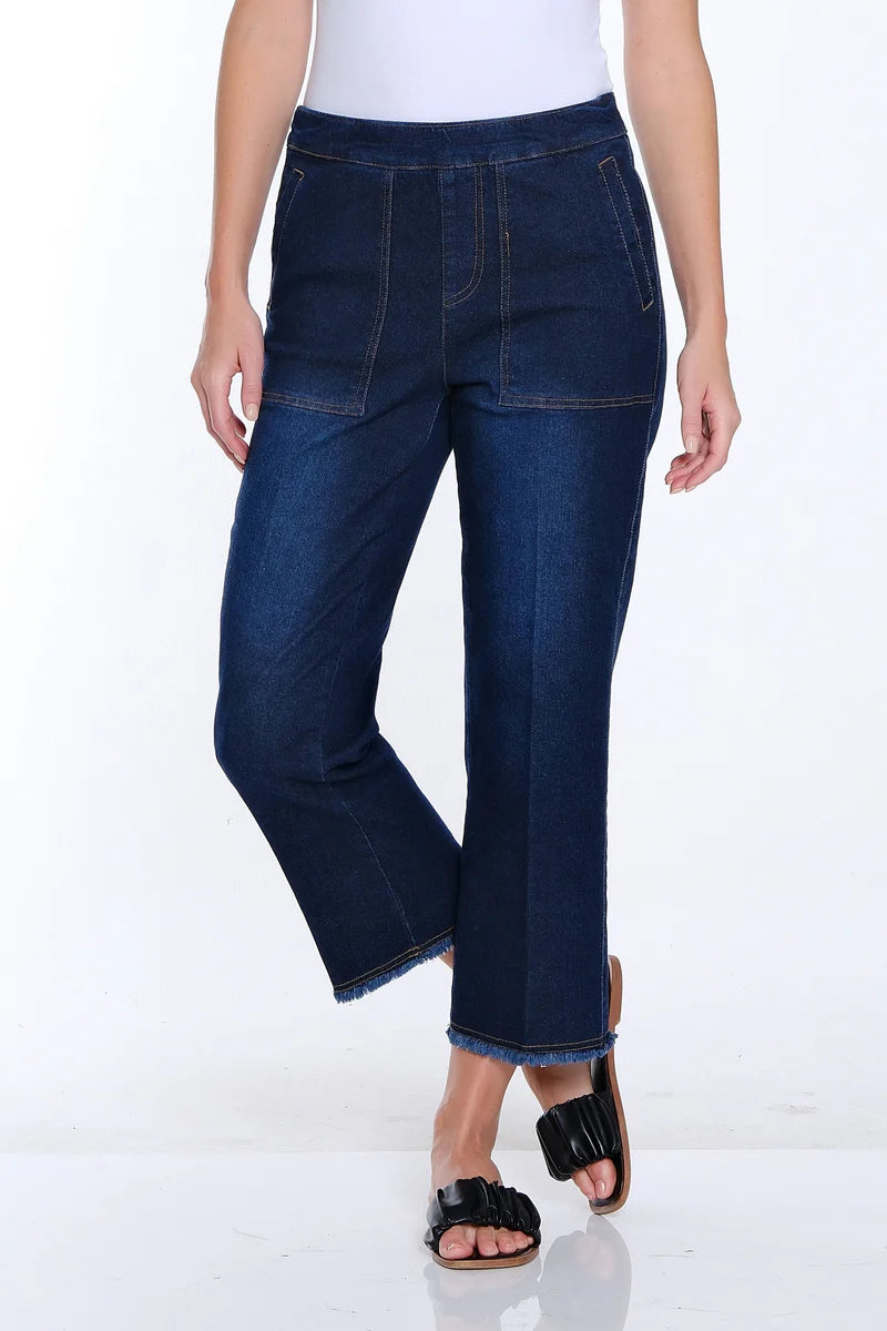 Slim Sation: Wide Leg Crop Denim Jean with Fringe Hem- Black