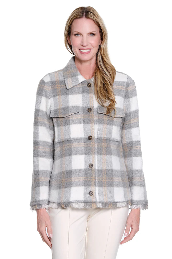 Multiples: Plaid Fringe-Hem Woven Jacket