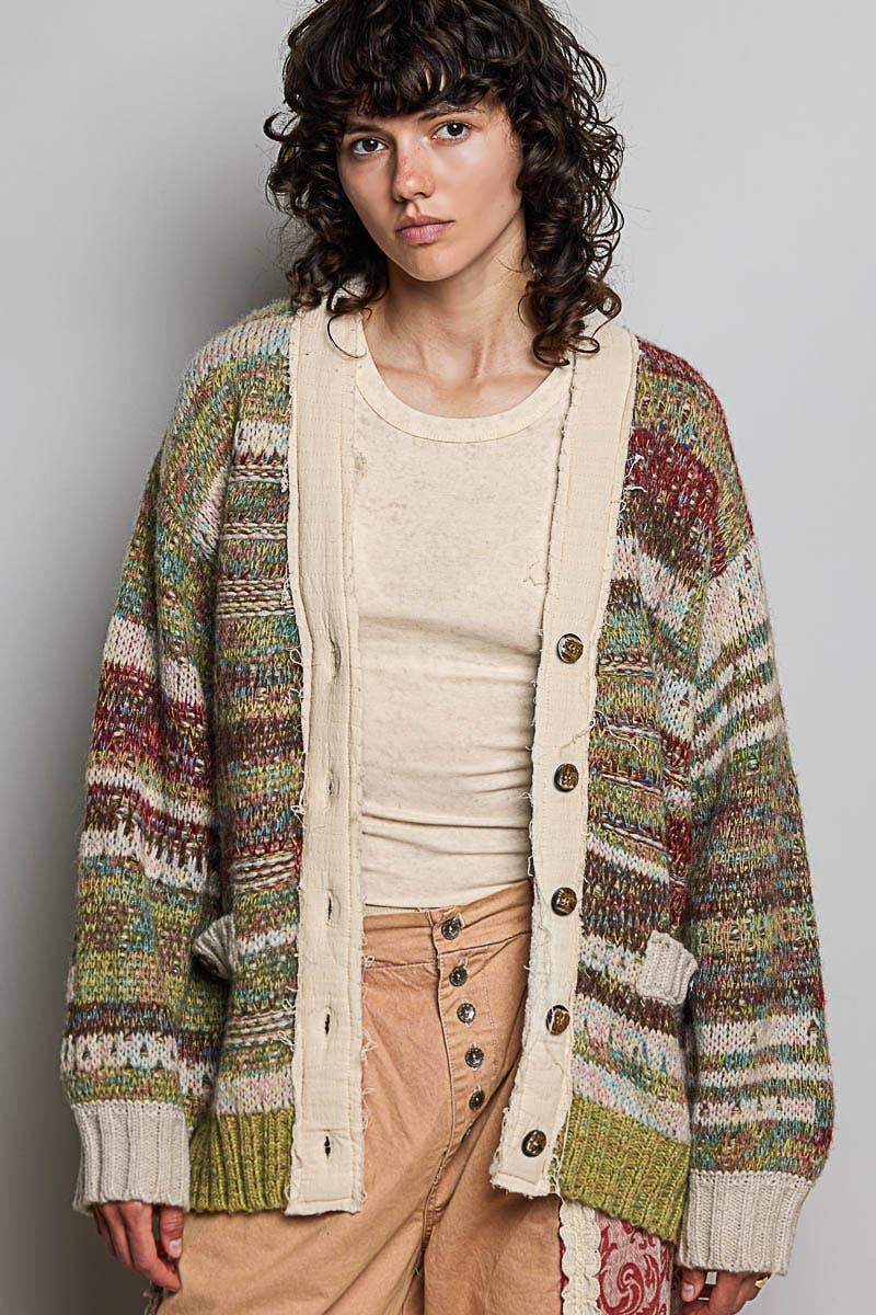 Long Sleeve Double Gauze Color Block Cardigan Sweater Top