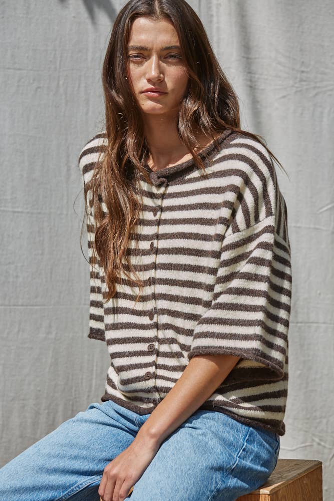 Knit Sweater Striped Quarter Sleeve Cardigan