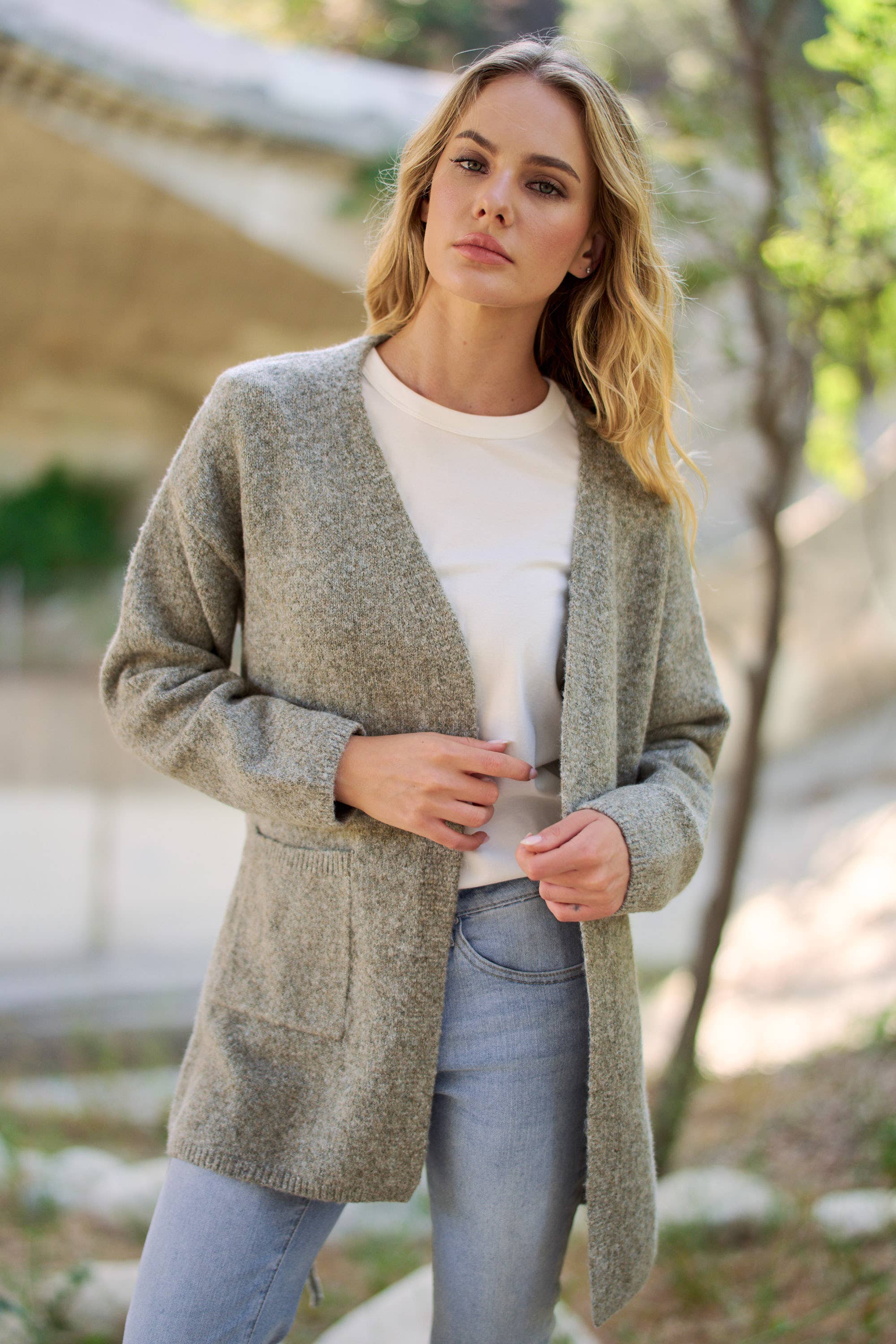 WAIST TIE OPEN-FRONT KNIT CARDIGAN