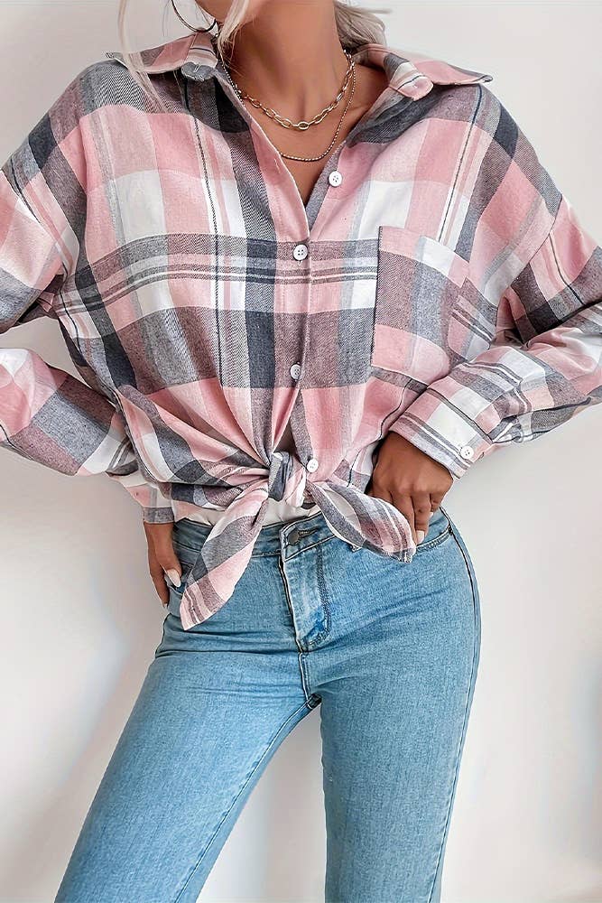Pink Plaid Long Sleeves Button Up Shirt
