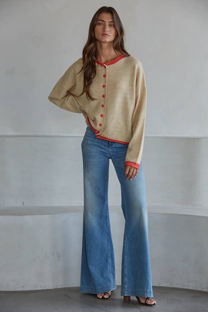 Knit Polyester Acrylic Sweater Crew Neck Cardigan