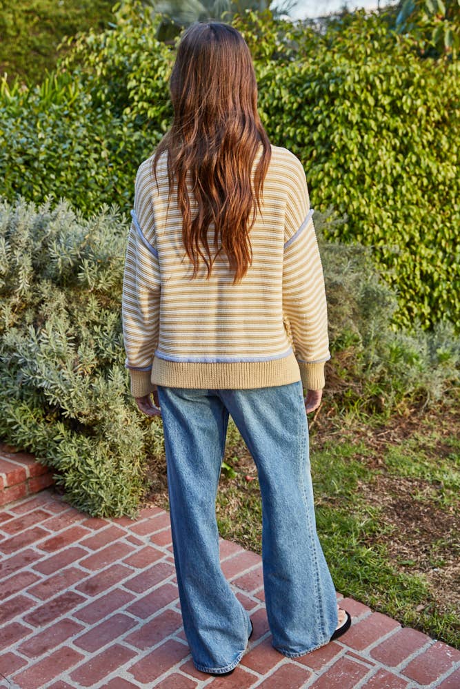 Knit Sweater Cotton Polyester Striped Contrast Seam
