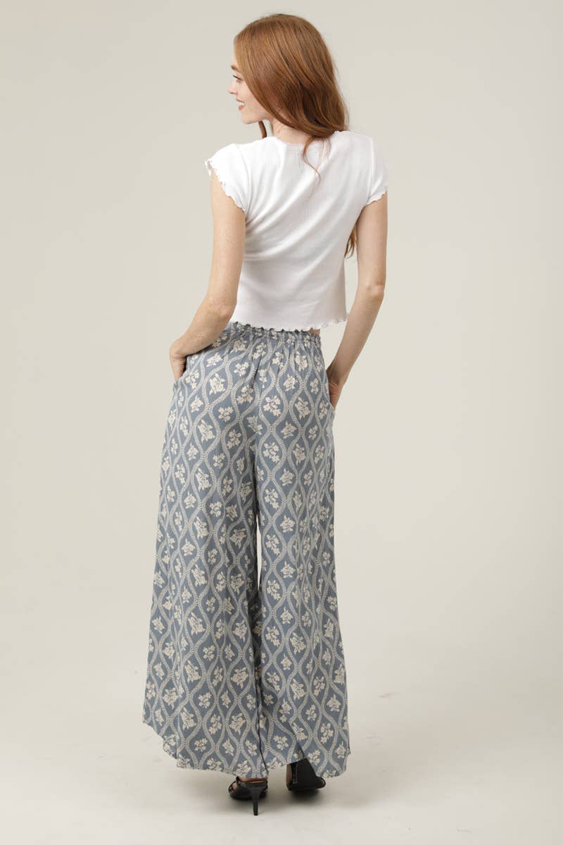 PRINTED WIDE LEG ELASTIC WAISTBAND PANTS