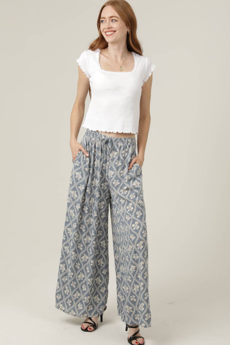 PRINTED WIDE LEG ELASTIC WAISTBAND PANTS