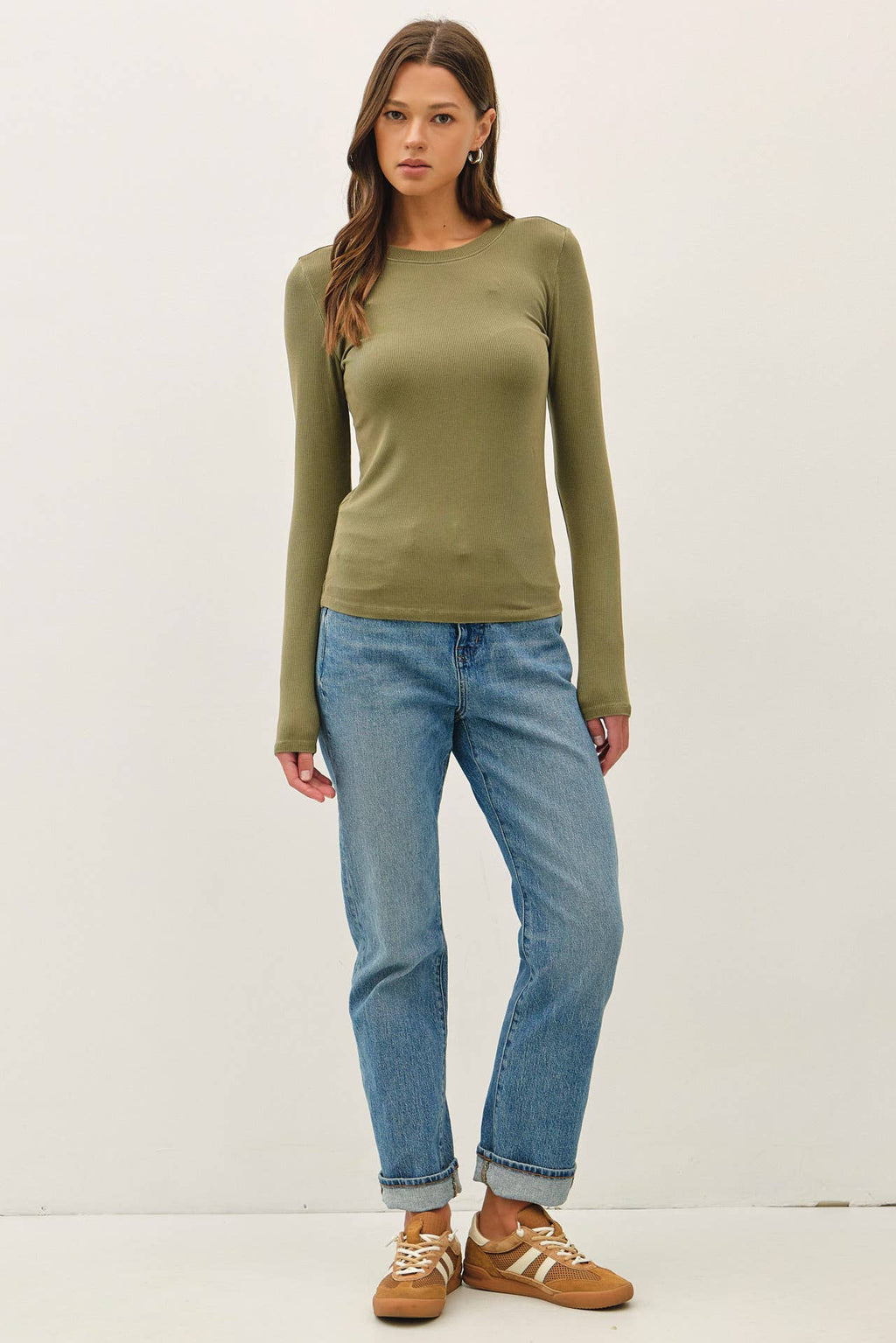 GARMENT DYE RIBBED CREWNECK LONGSLEEVE BASIC TOP