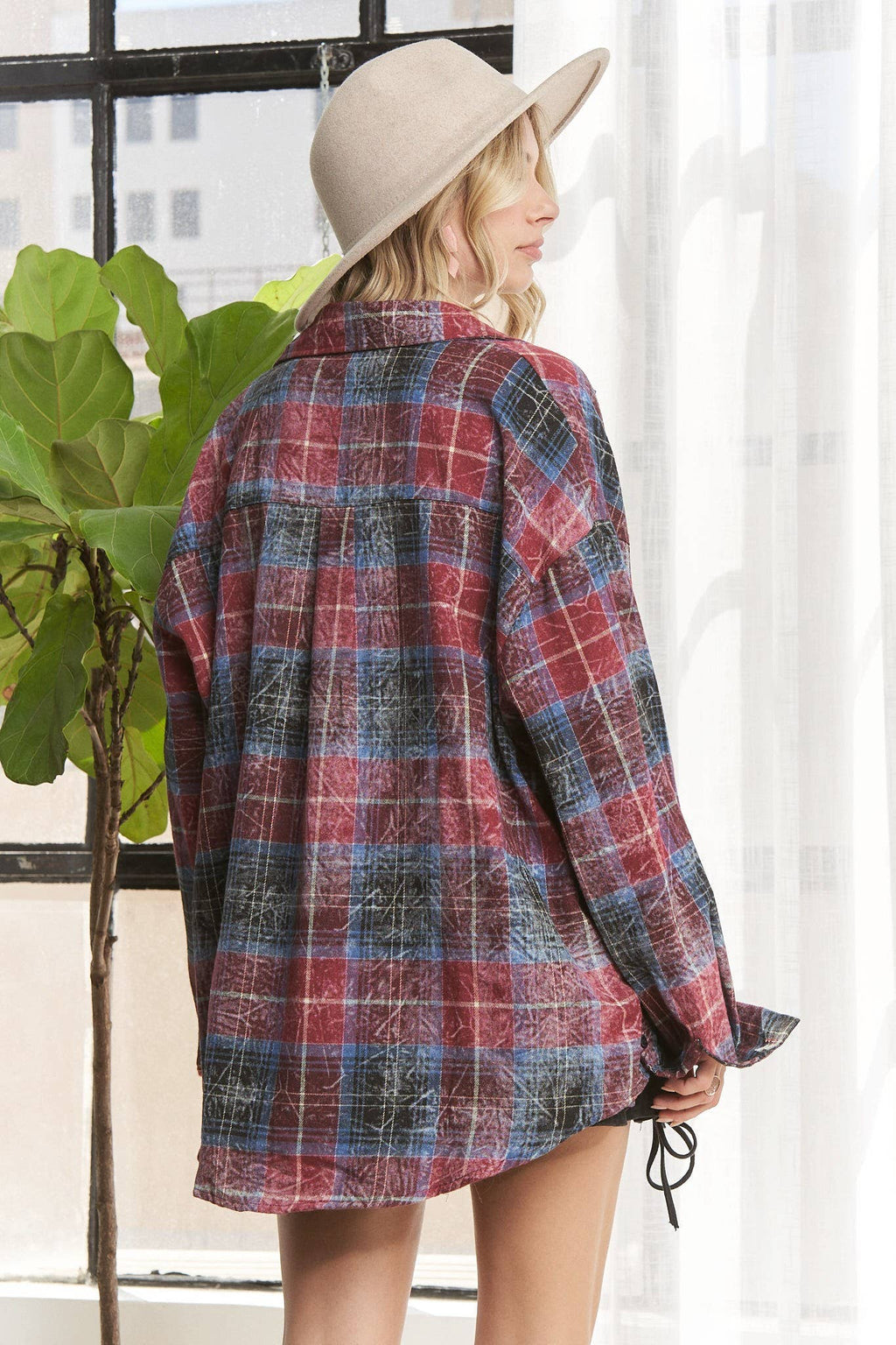 PLAID LONG SLEEVES DENIM WASH SHIRT