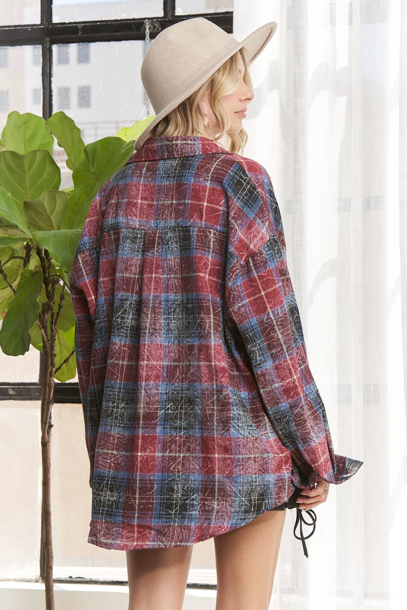 PLAID LONG SLEEVES DENIM WASH SHIRT