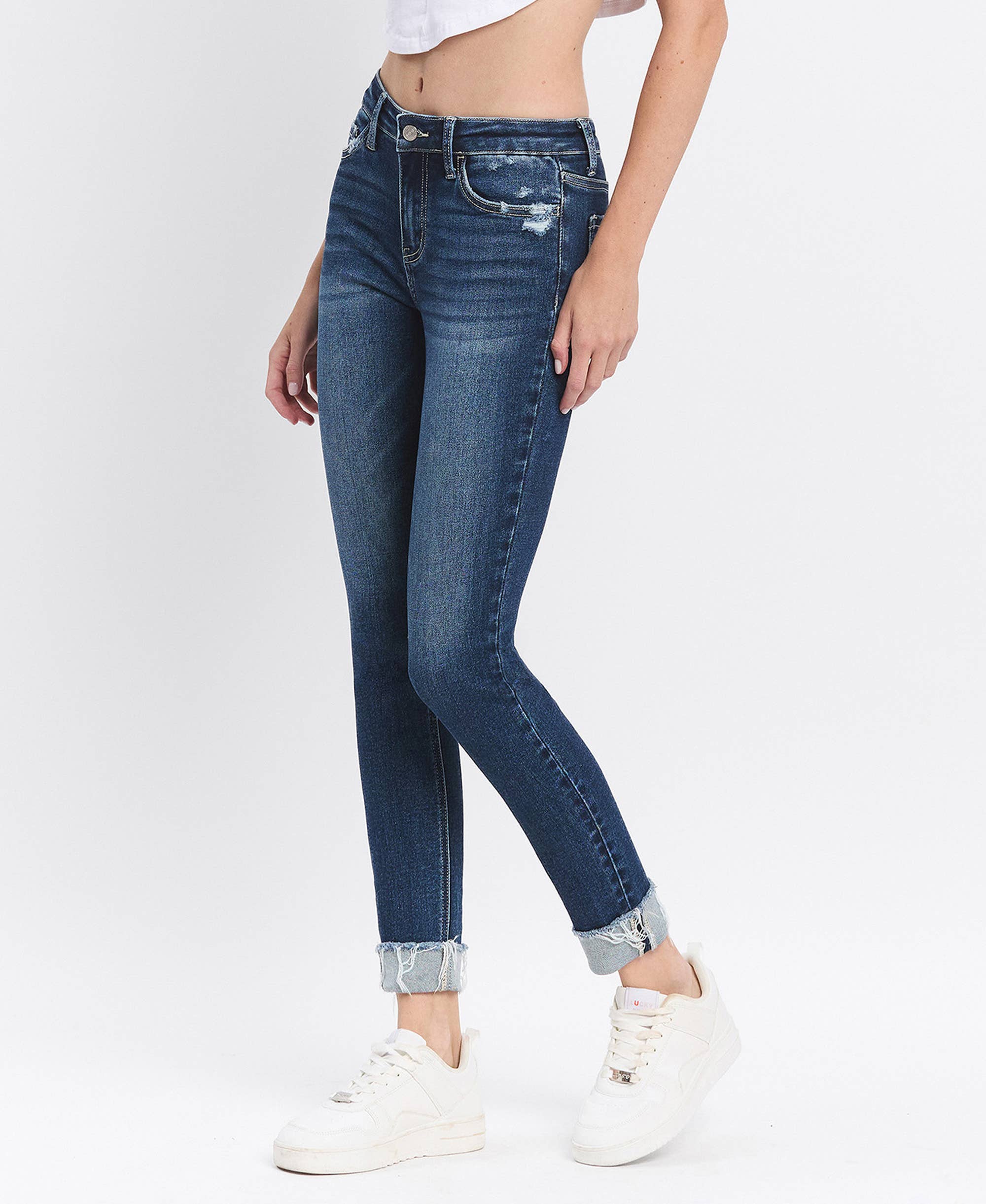 MID RISE DARK WASH CUFFED SKINNY JEANS
