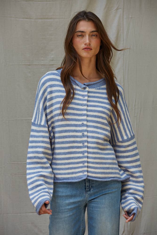 Knit Sweater Striped Buttondown Cardigan Top