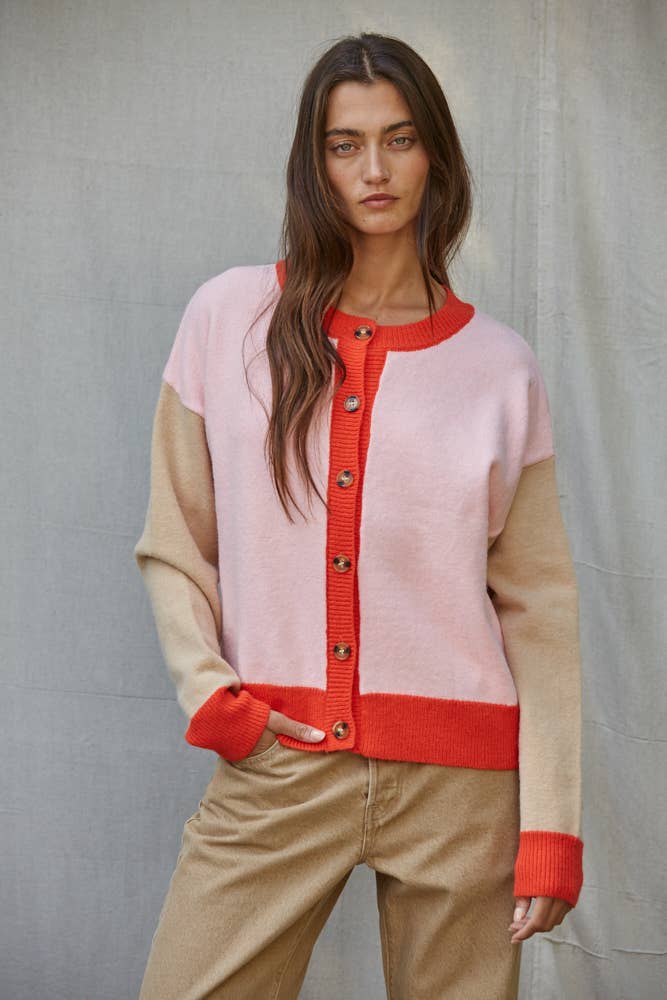 Knit Sweater Color Block Button Down Cardigan