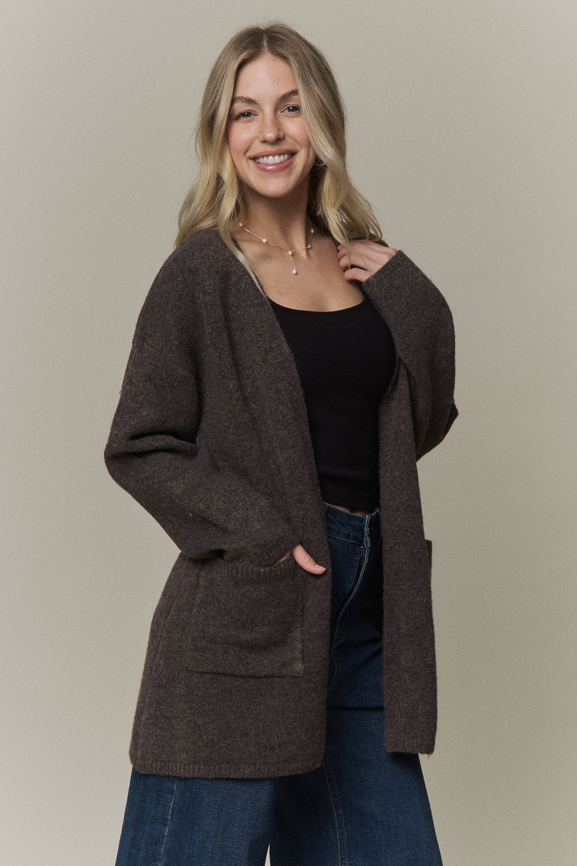 WAIST TIE OPEN-FRONT KNIT CARDIGAN
