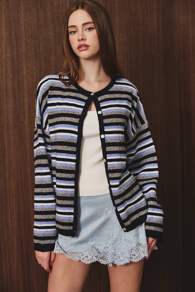 LONG SLEEVE CREW NECK MULTI STRIPE SWEATER CARDIGAN