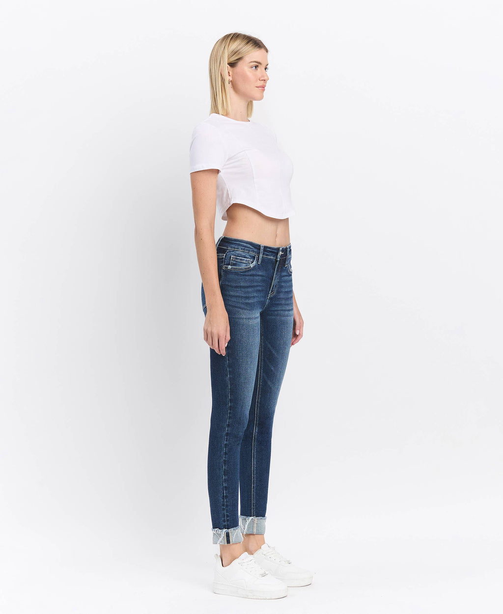 MID RISE DARK WASH CUFFED SKINNY JEANS