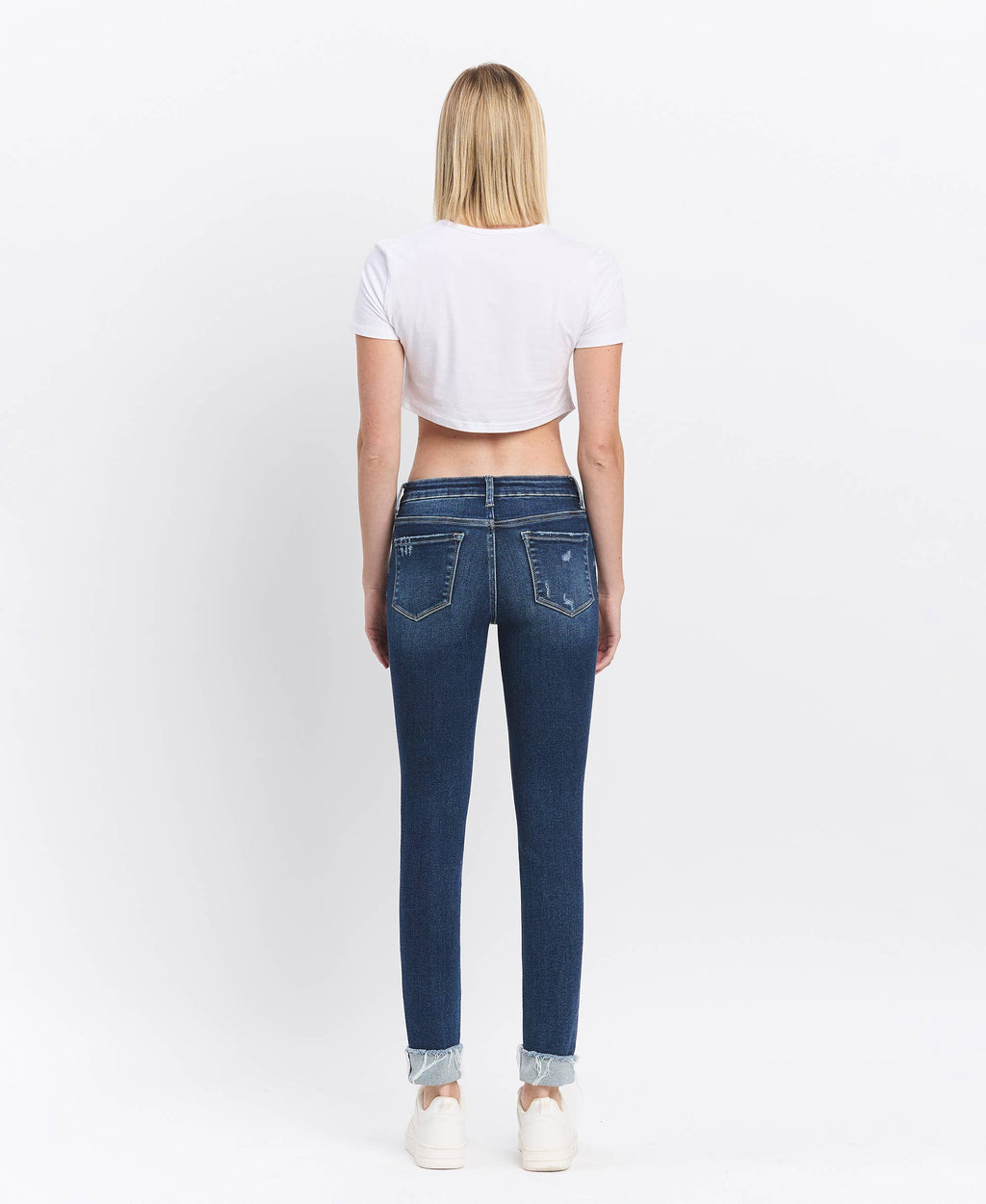 MID RISE DARK WASH CUFFED SKINNY JEANS