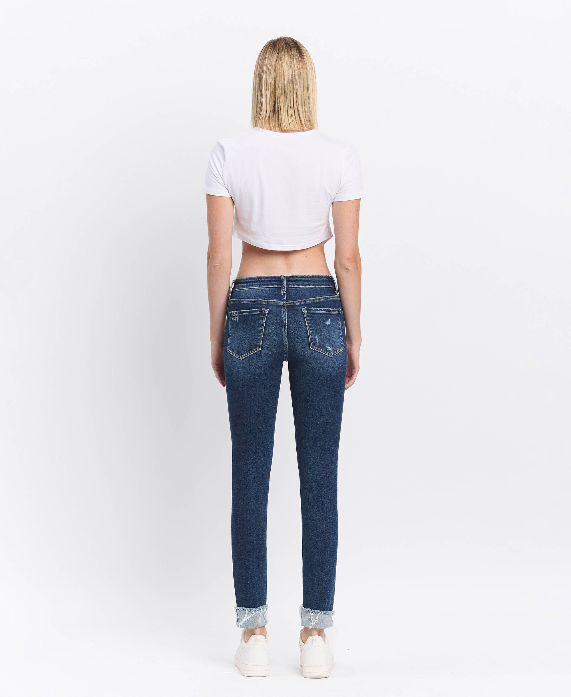 MID RISE DARK WASH CUFFED SKINNY JEANS