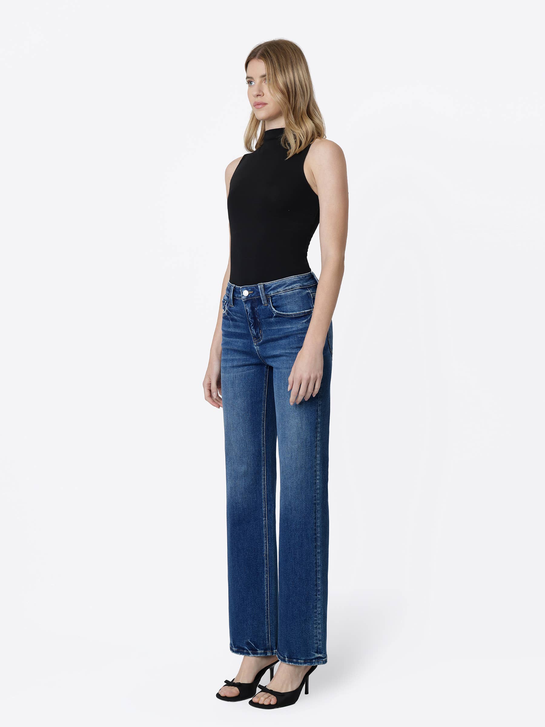 HIGH RISE FULL LENGTH DARK WASH SLIM WIDE JEANS