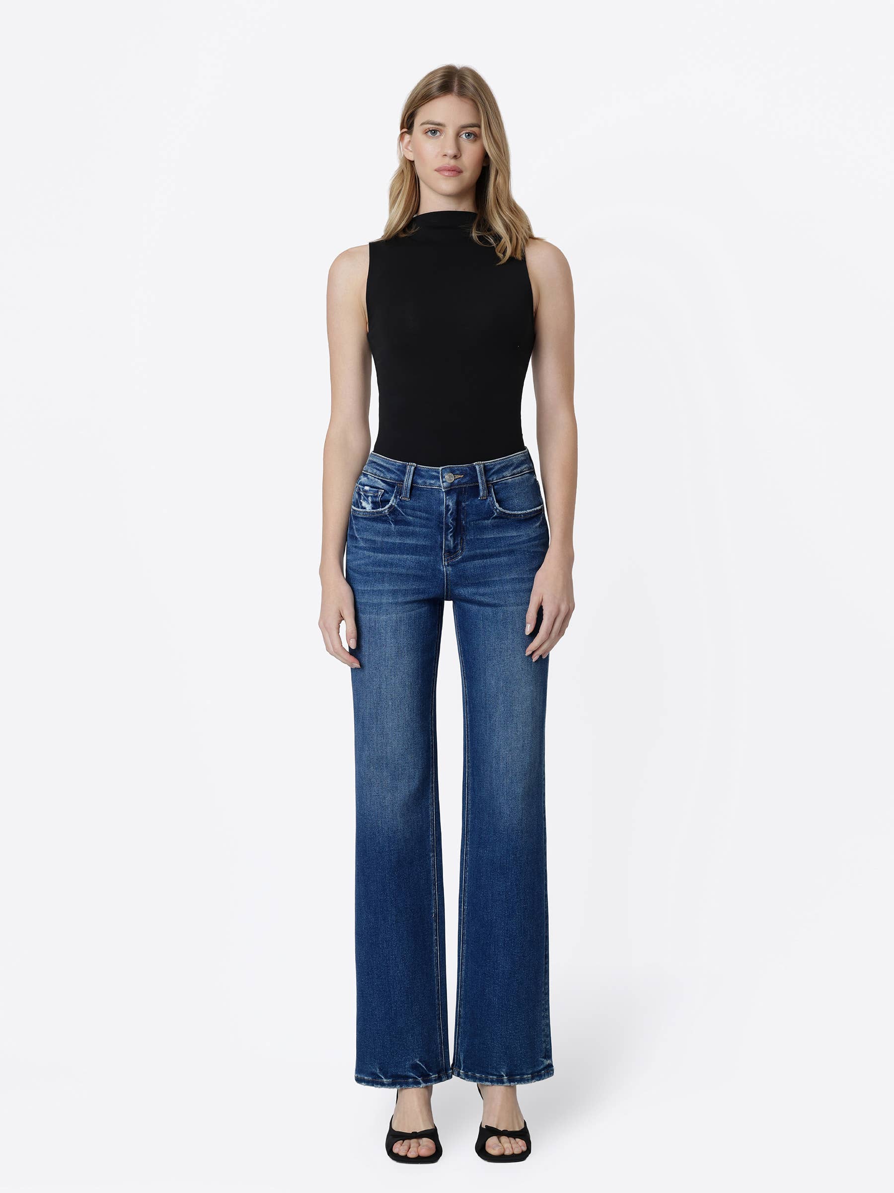 HIGH RISE FULL LENGTH DARK WASH SLIM WIDE JEANS