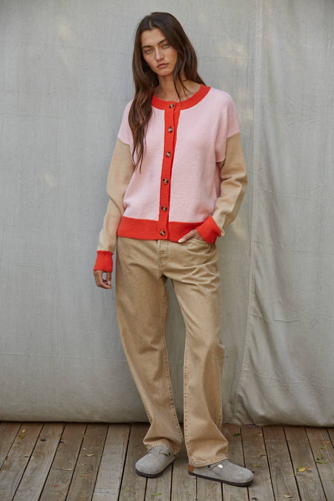 Knit Sweater Color Block Button Down Cardigan