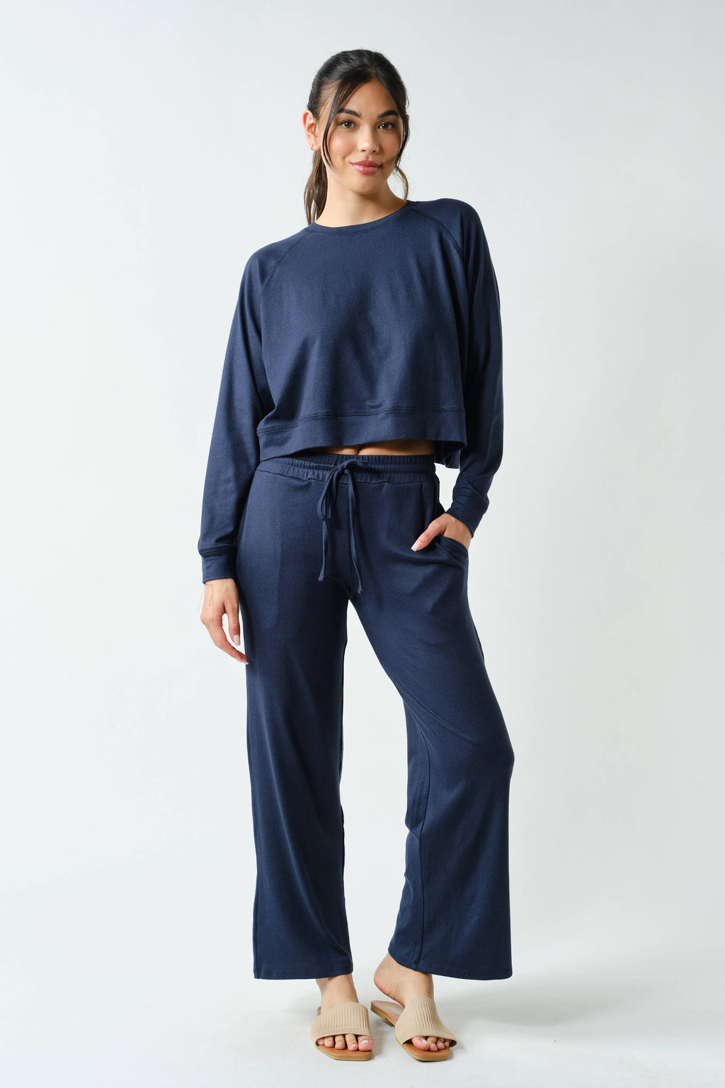 Brushed Hacci Lounge Long Sleeve Pullover: NAVY