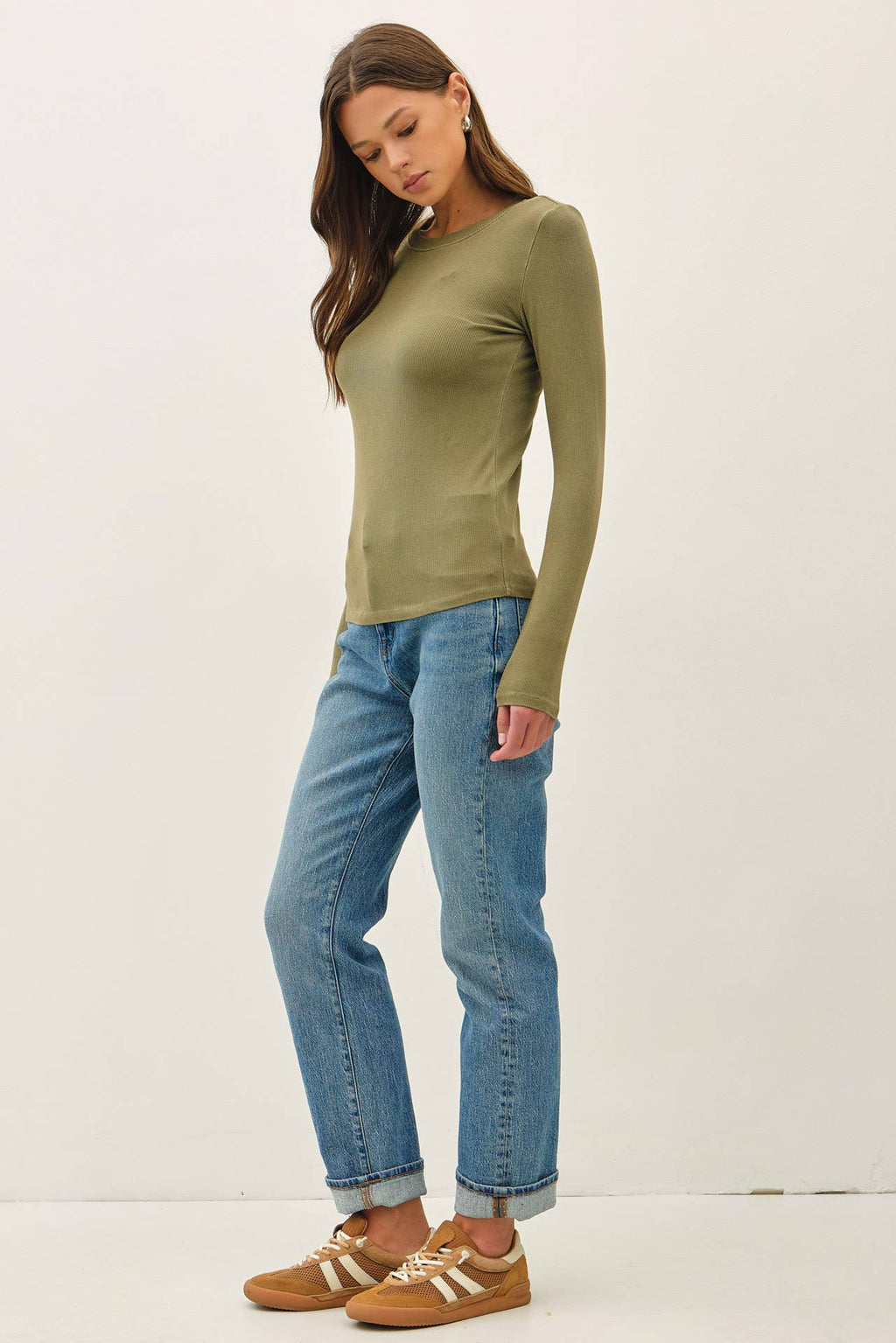 GARMENT DYE RIBBED CREWNECK LONGSLEEVE BASIC TOP