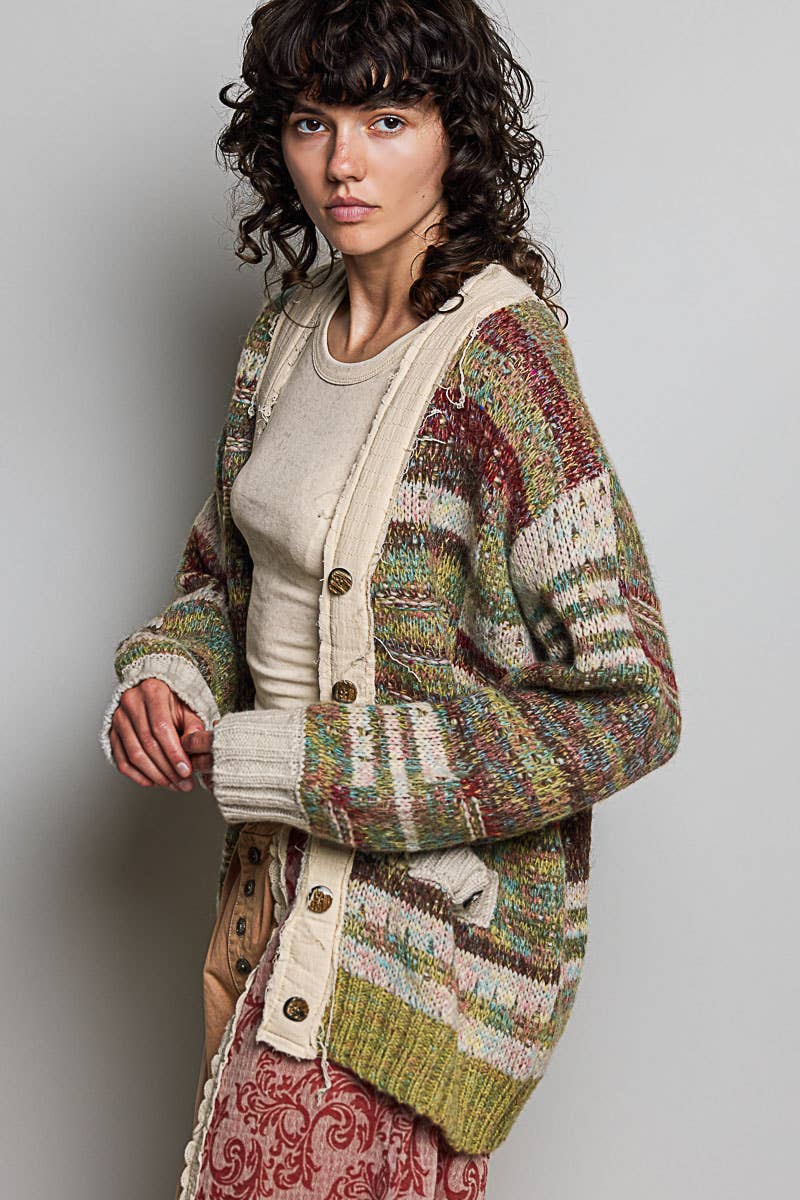 Long Sleeve Double Gauze Color Block Cardigan Sweater Top