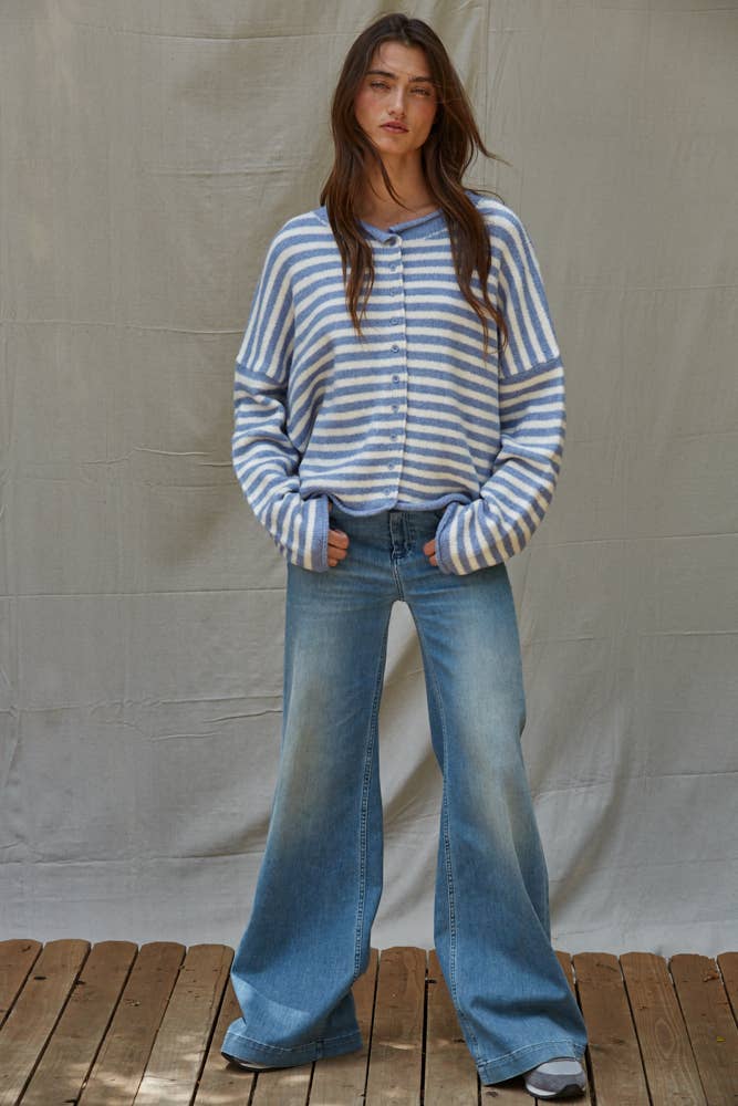 Knit Sweater Striped Buttondown Cardigan Top