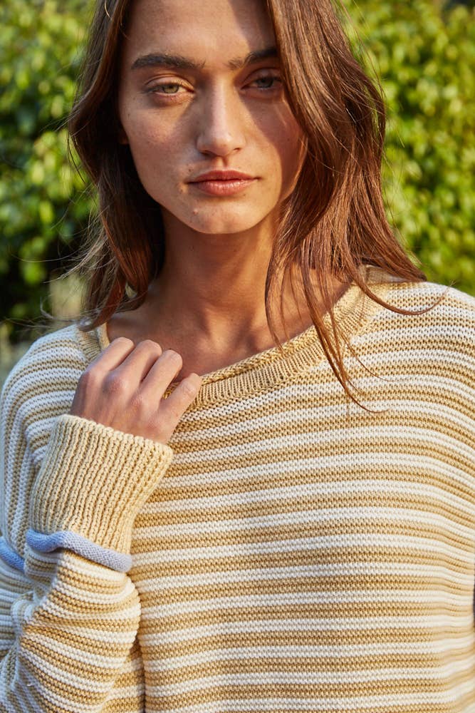 Knit Sweater Cotton Polyester Striped Contrast Seam